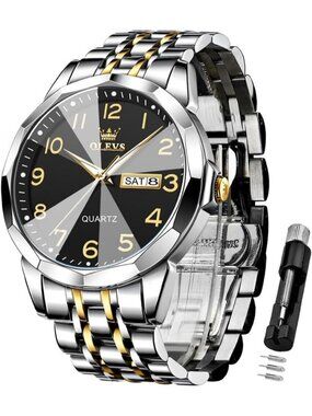 Men's Silver Black Analog Simple Business Stainless Waterproof Luminous Watch